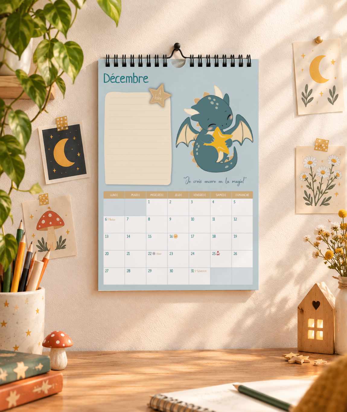 calendrier mural A4 spiritualité mantra mignon sorcière, gnome lutin fée dragon
