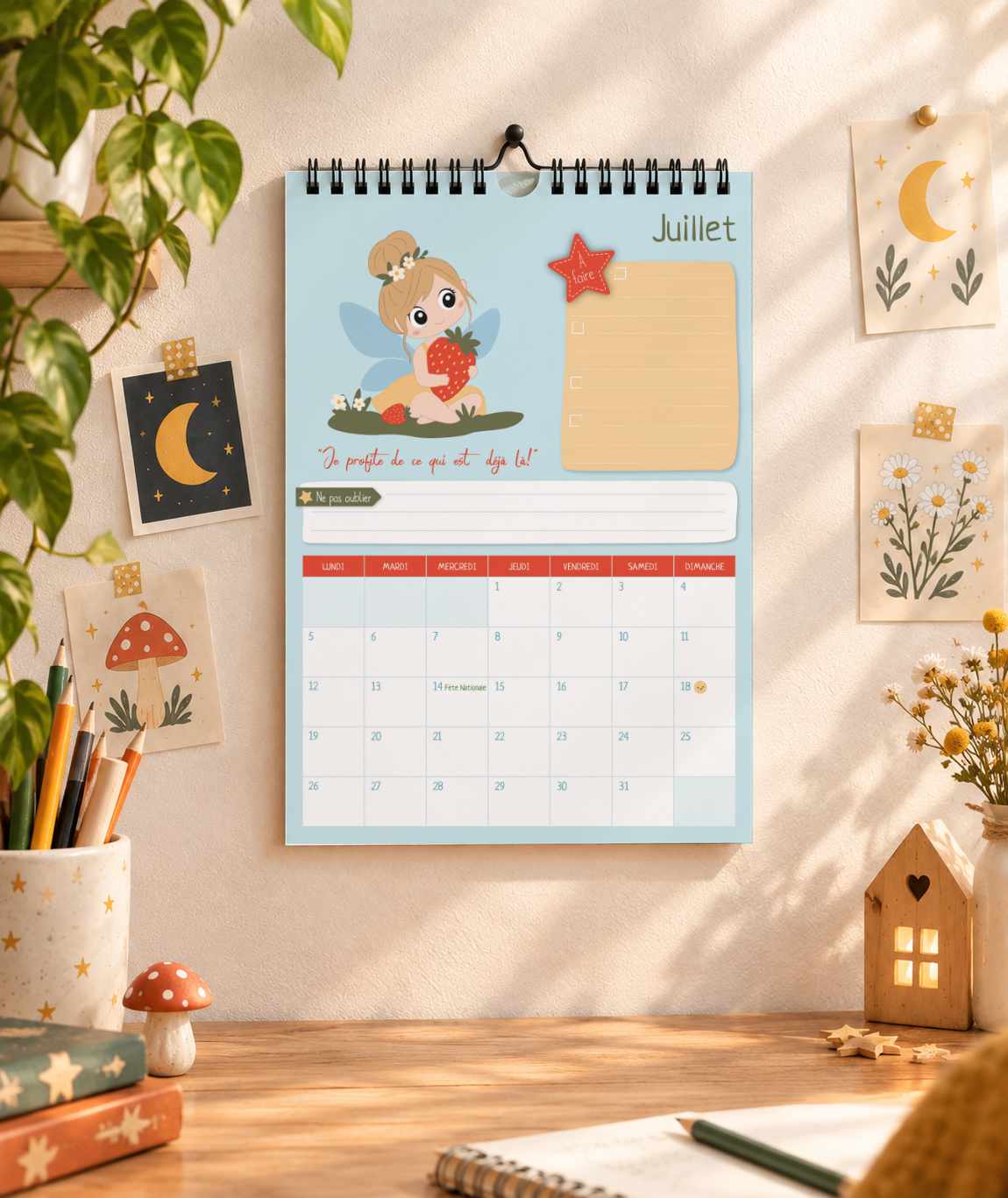 calendrier mural A4 spiritualité mantra mignon sorcière, gnome lutin fée dragon