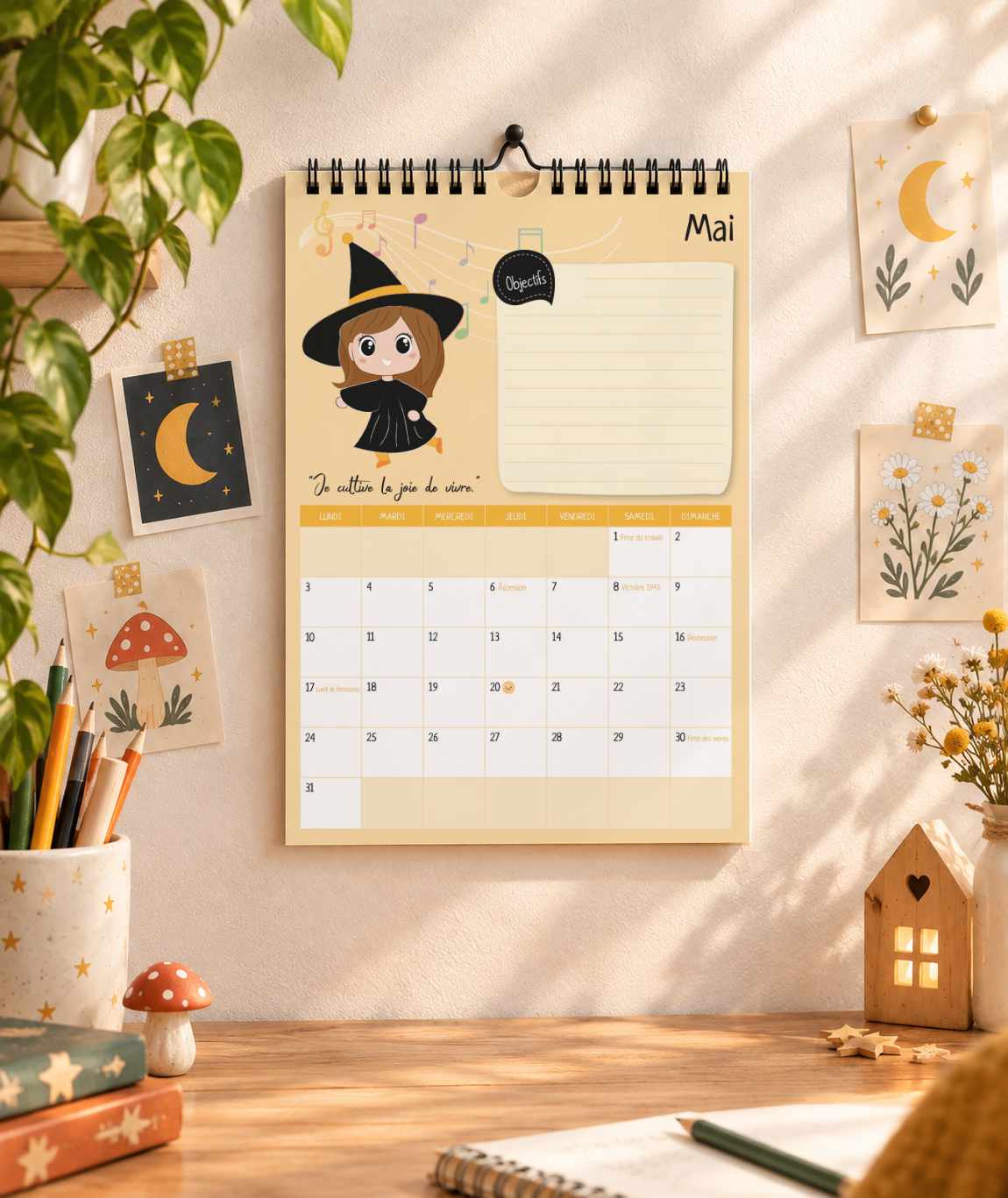 calendrier mural A4 spiritualité mantra mignon sorcière, gnome lutin fée dragon