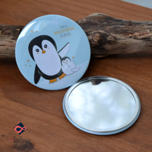 miroir de poche_75mm maman pingouin cadeau artisanal mignon