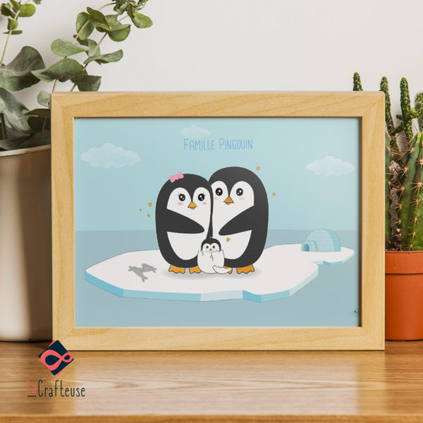 affiche personnalisable famille pingouin cadeau mignon