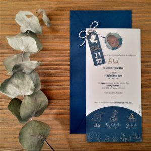invitation bapteme elegante bleu roi bleu marine avec etiquette