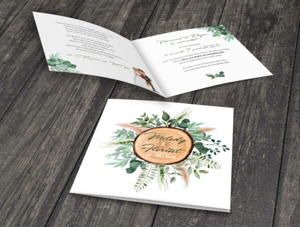 faire part mariage feuillage et bois pampa nature champetre