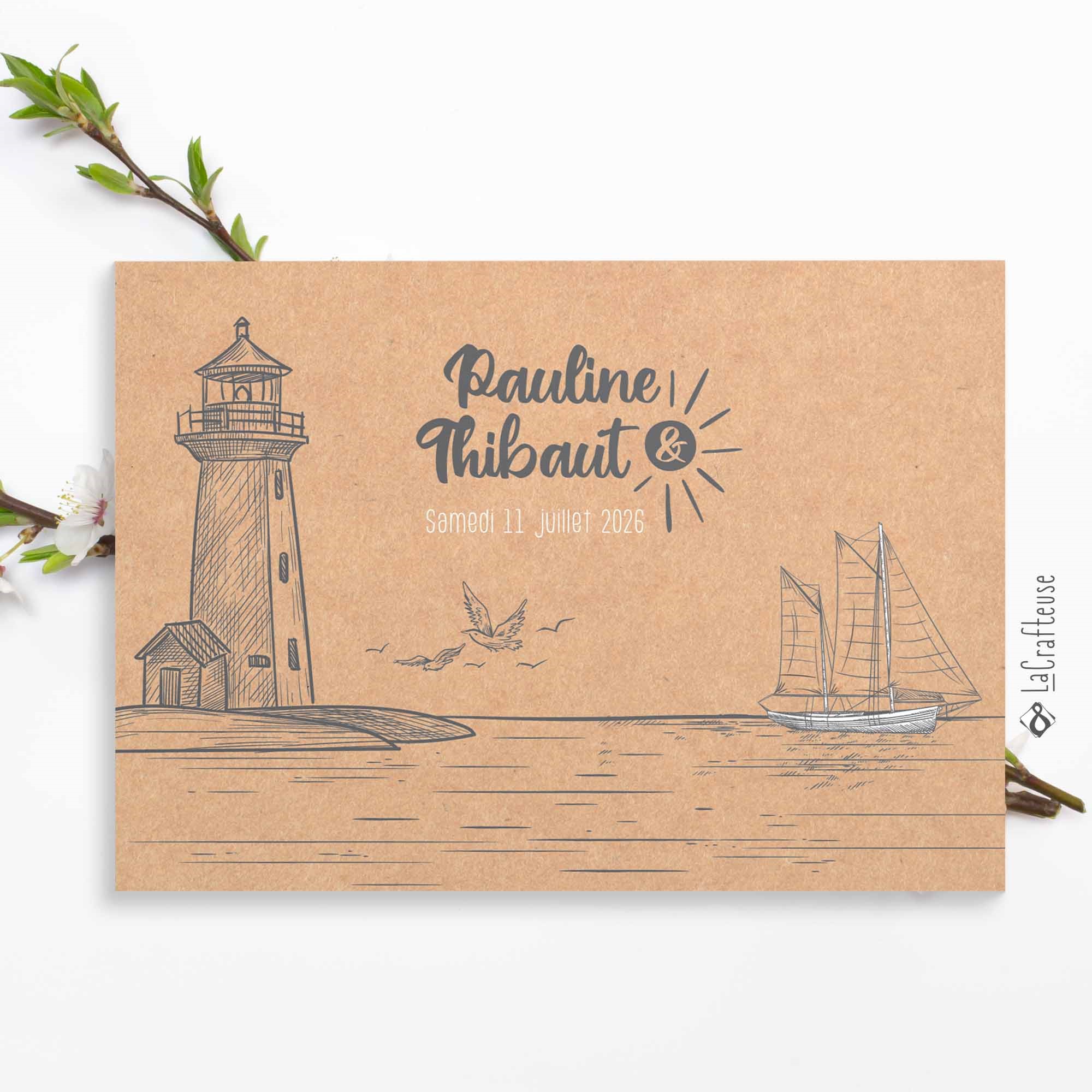 faire-part mariage bord de mer phare et voilier