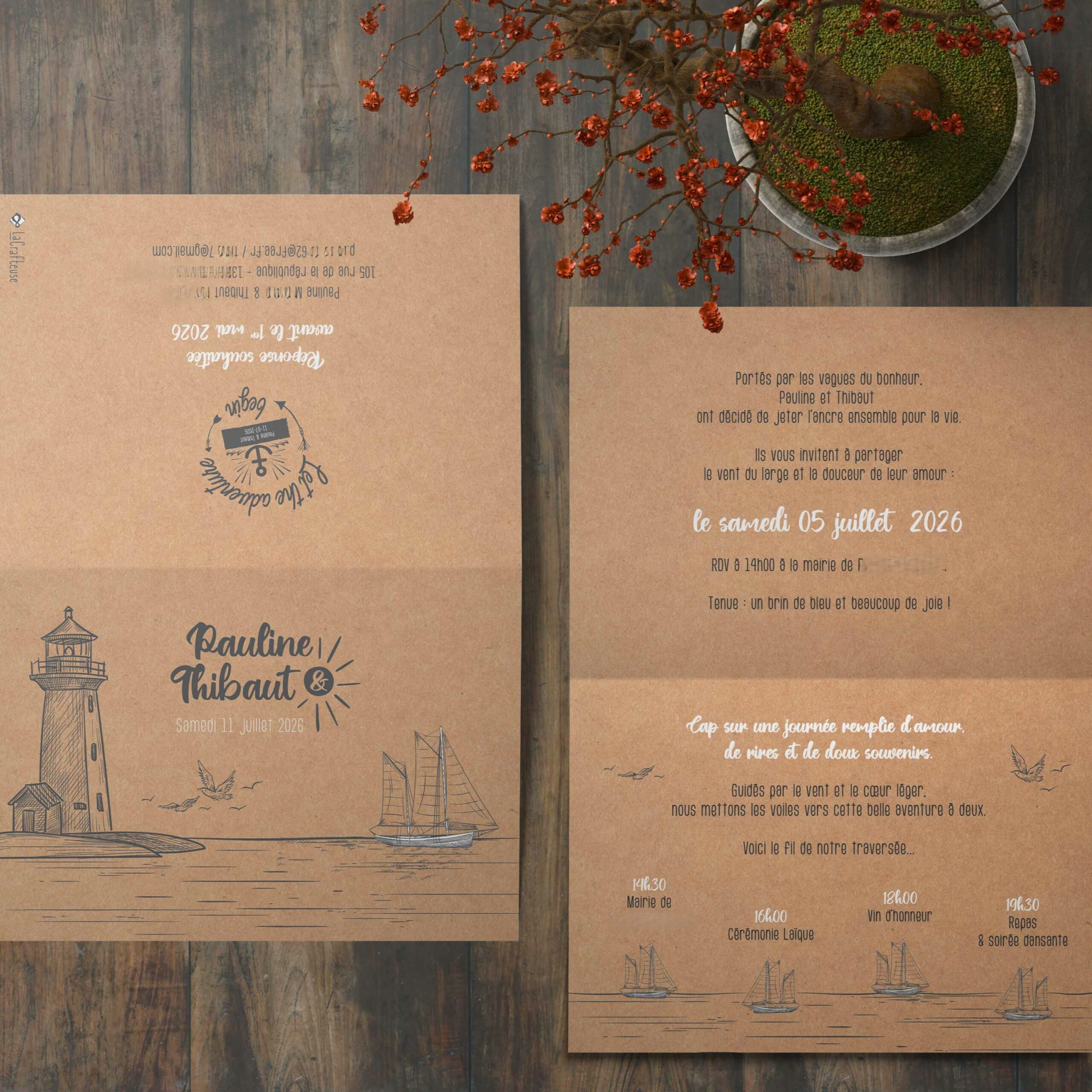 faire-part mariage bord de mer phare et voilier