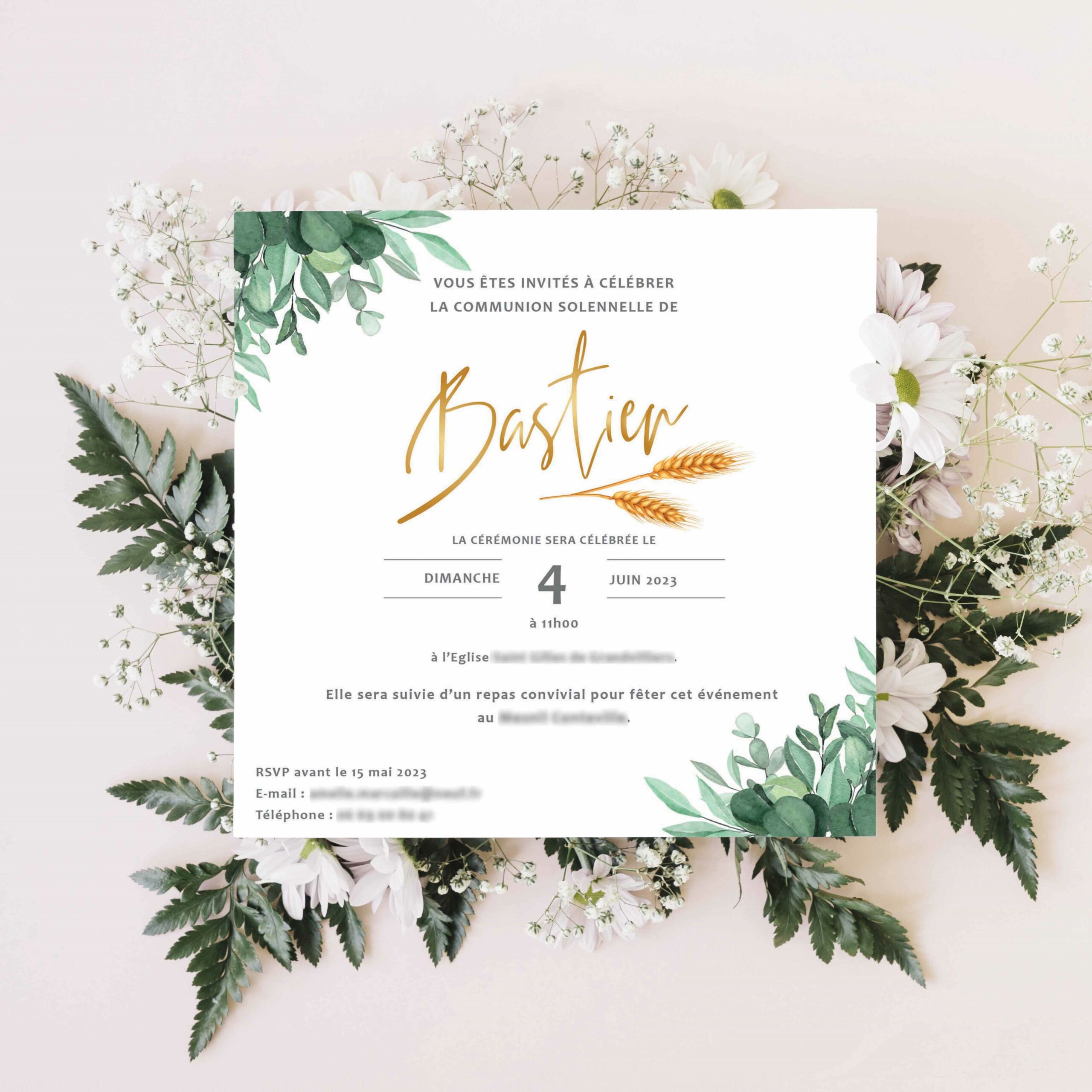 invitation communion feuillages eucalyptus